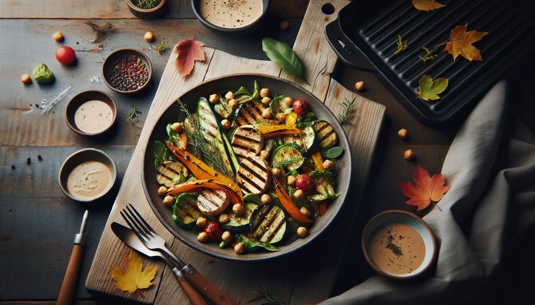 Grilled Autumn Vegetable and Chickpea Salad with Maple Tahini Dressing plated