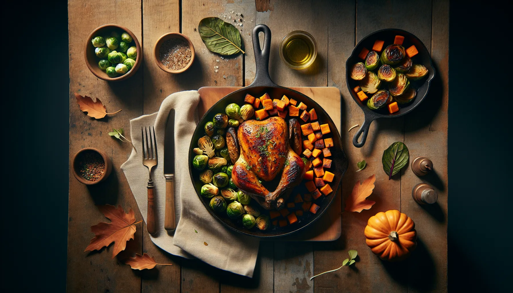 Autumn Roasted Chicken with Brussels Sprouts and Sweet Potatoes plated