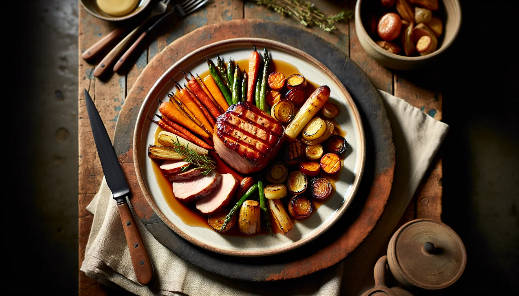 Maple-Glazed Roasted Pork Tenderloin with Roasted Root Vegetables plated