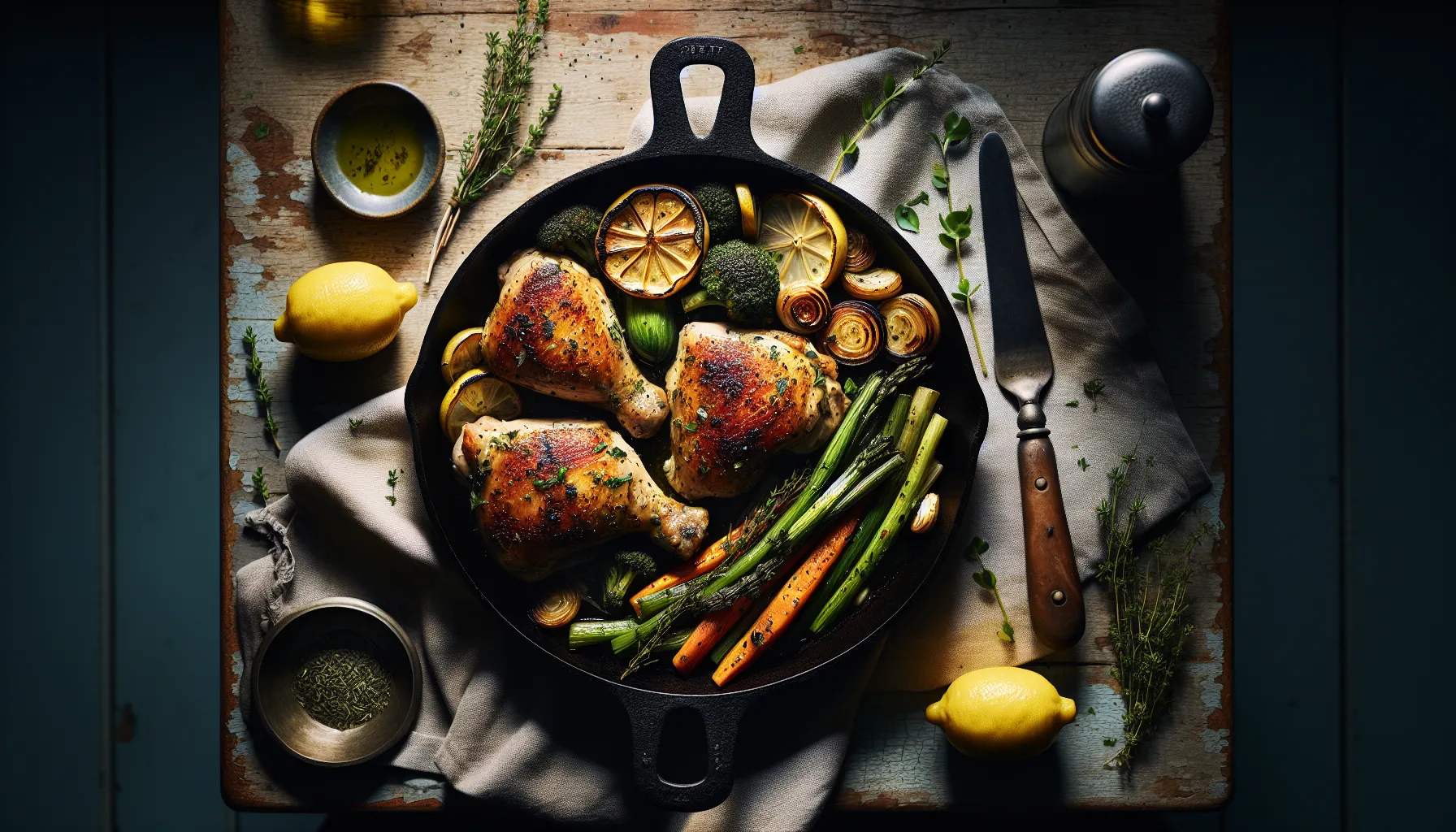 Herbed Lemon Chicken Thighs with Roasted Spring Vegetables plated