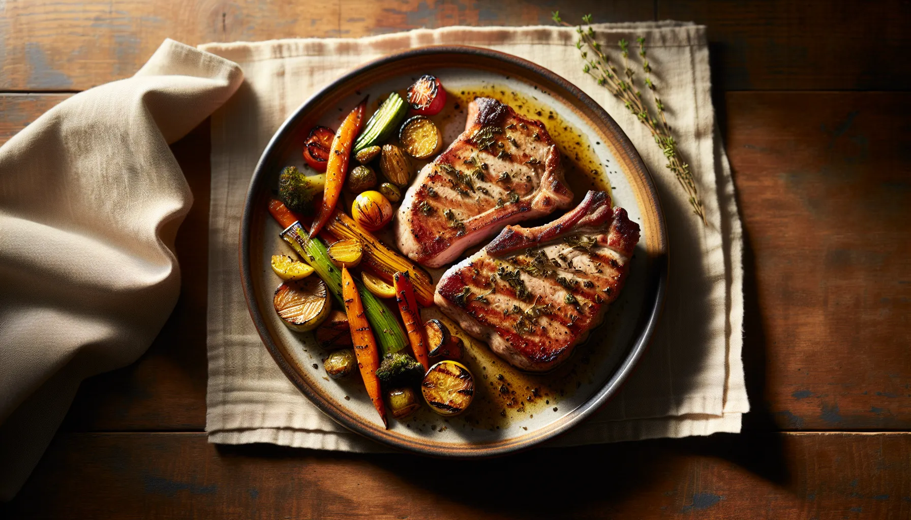 Seared Herb-Crusted Pork Chops with Roasted Autumn Vegetables plated