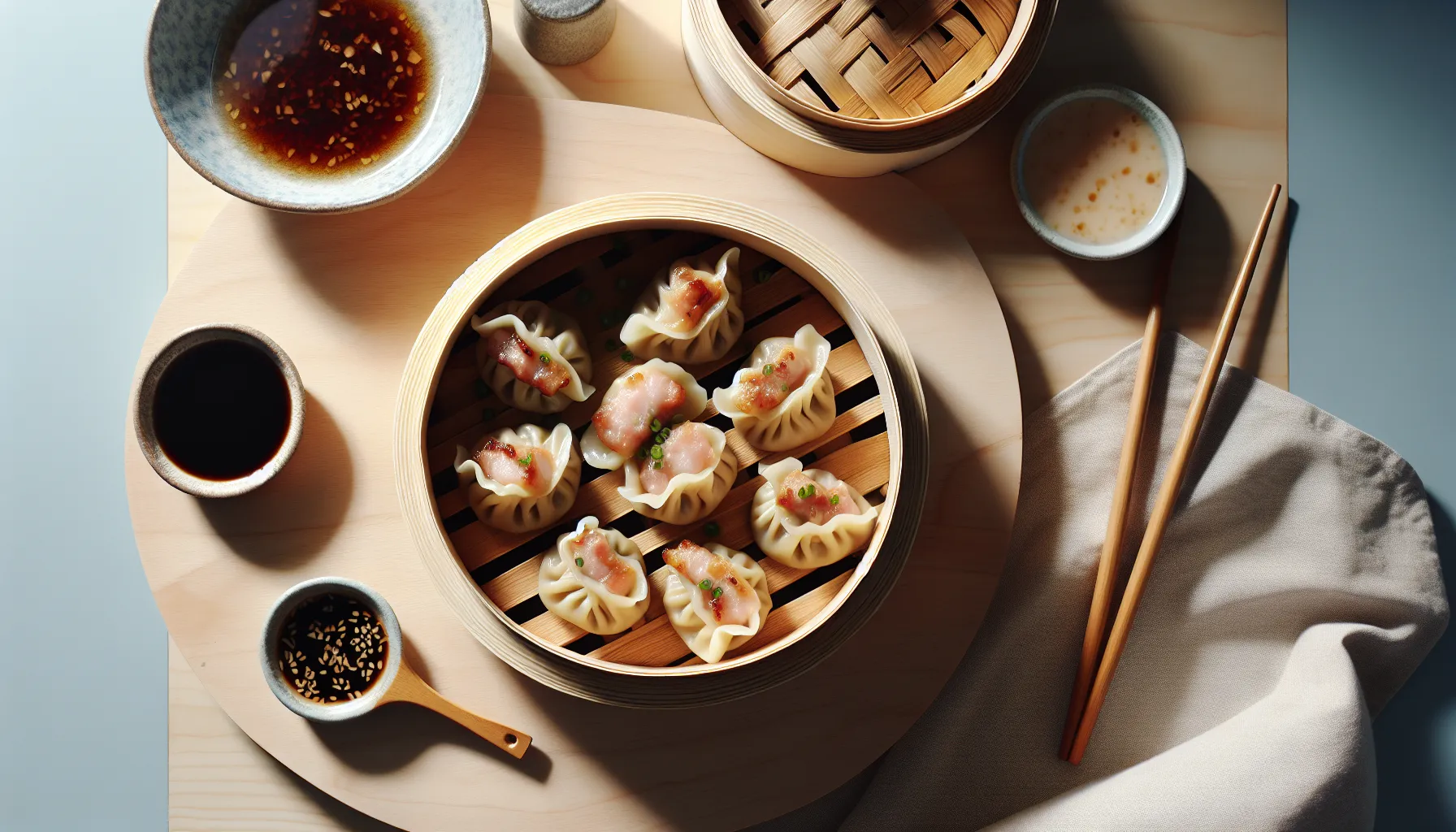 Steamed Filipino Pork Siomai with Ginger Soy Dipping Sauce plated