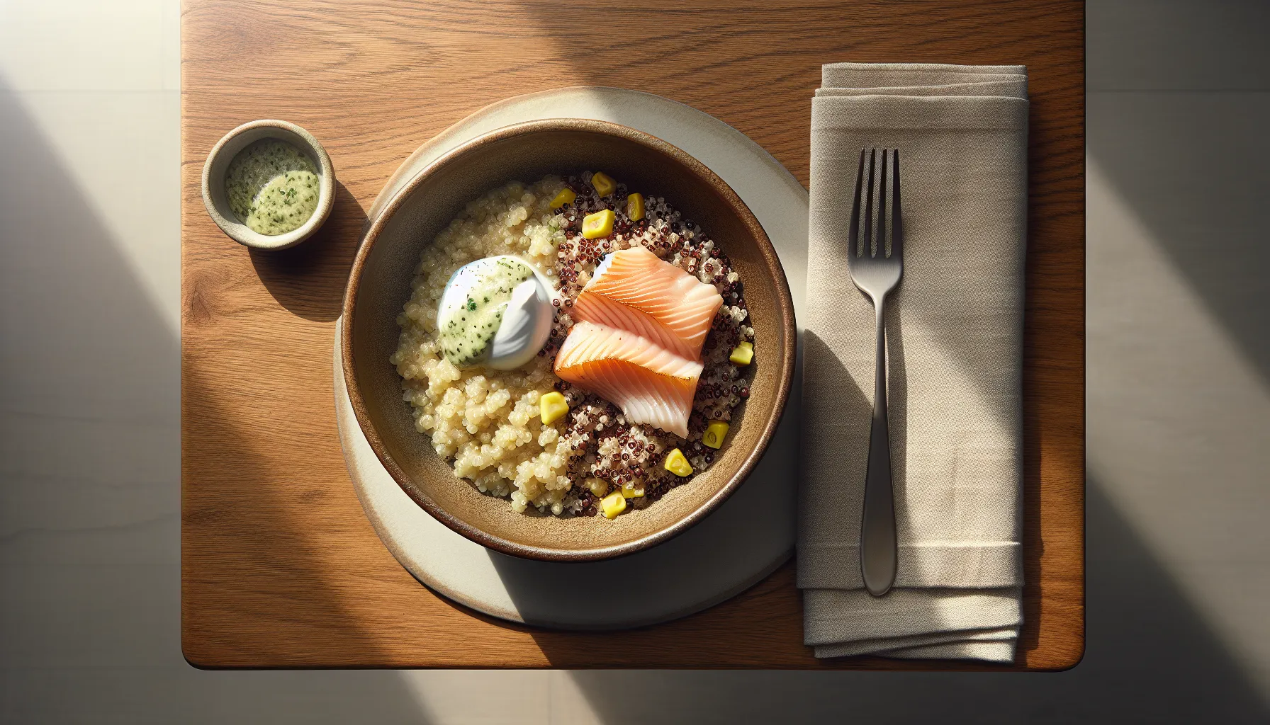 Peruvian Quinoa and Poached Fish Grain Bowl plated