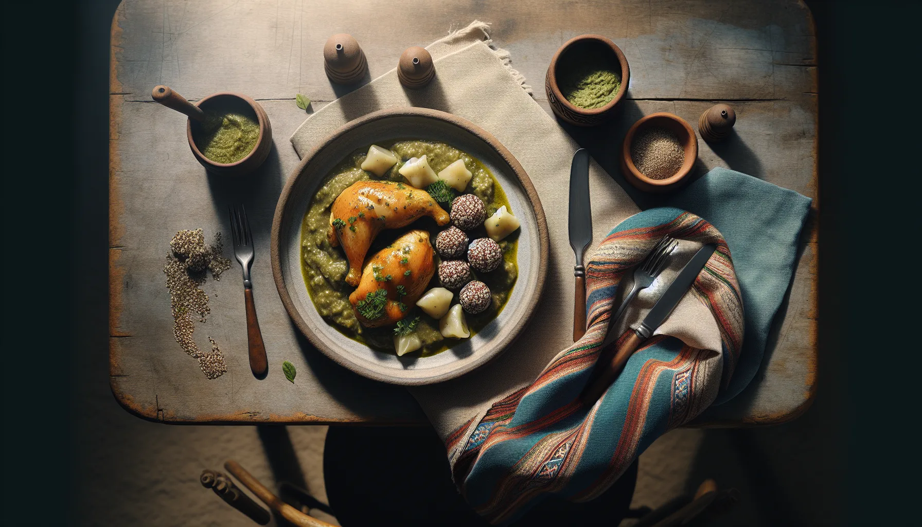 Pressure-Cooked Peruvian Chicken with Aji Verde Sauce and Quinoa Dumplings plated