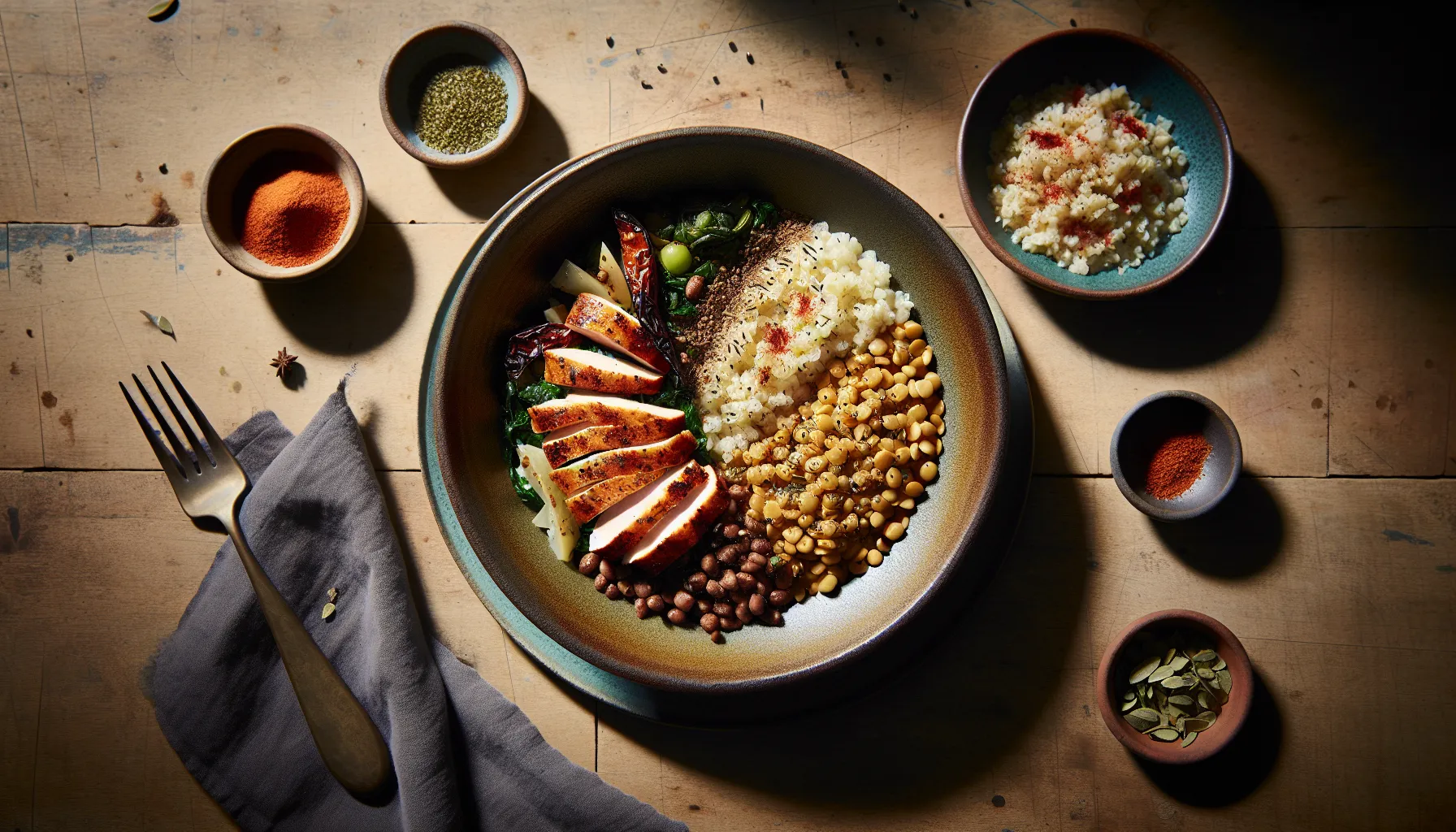 Lebanese Lentil and Bulgur Grain Bowl with Sumac-Spiced Chicken plated