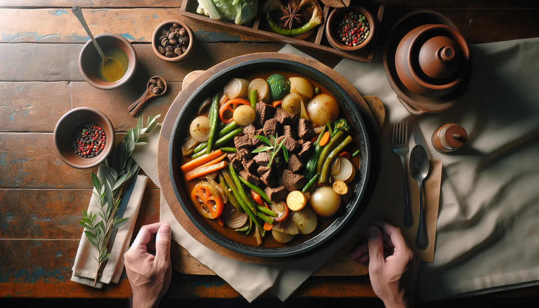 Slow-Braised Filipino Beef Kaldereta with Seasonal Vegetables plated