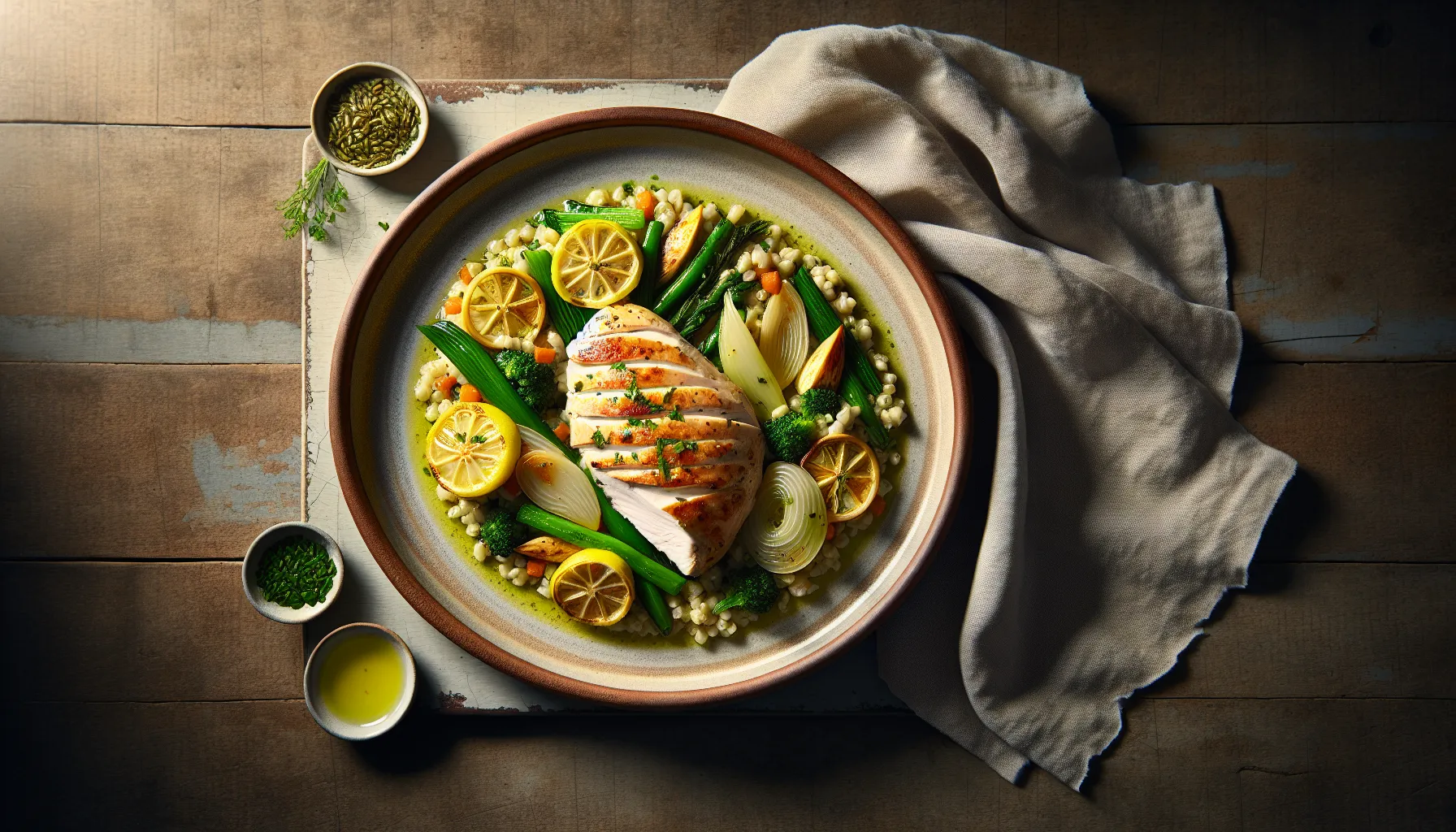 Lemony Poached Chicken with Spring Vegetables and Herb Barley plated