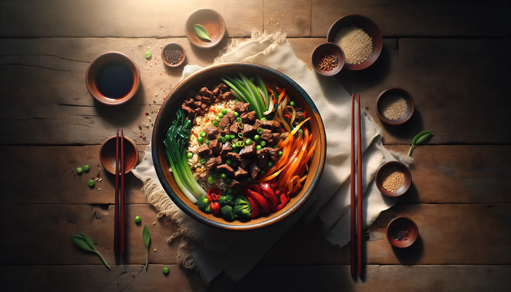 Indonesian-Inspired Beef and Vegetable Stir-Fry Grain Bowl plated