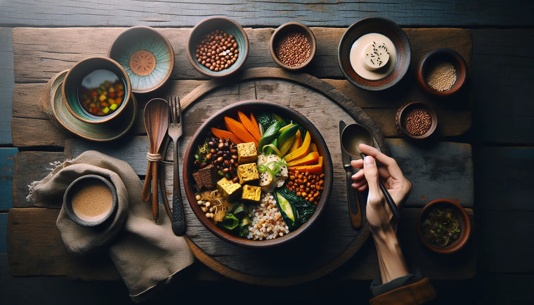 Indonesian Steamed Tempeh and Vegetable Grain Bowl plated