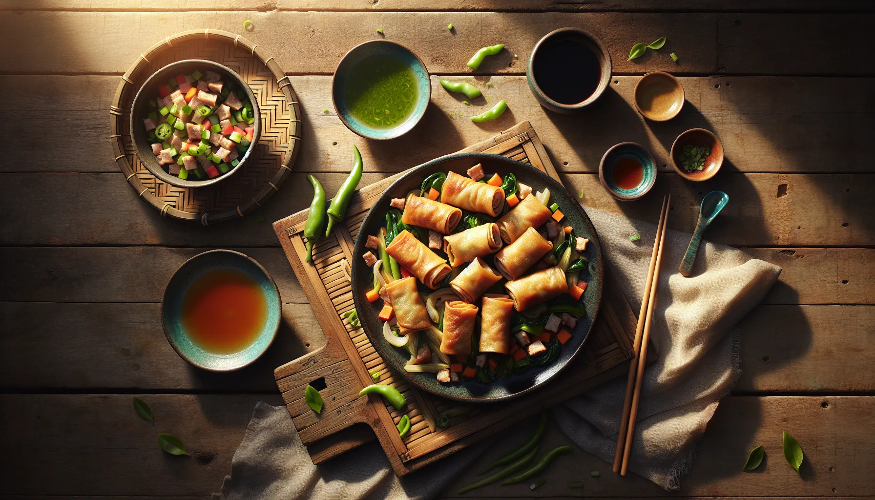 Pork and Vegetable Stir-Fried Lumpia Rolls plated