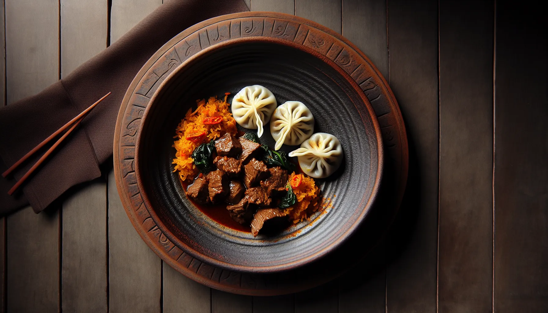 Indonesian-Inspired Beef Rendang with Steamed Dumplings plated