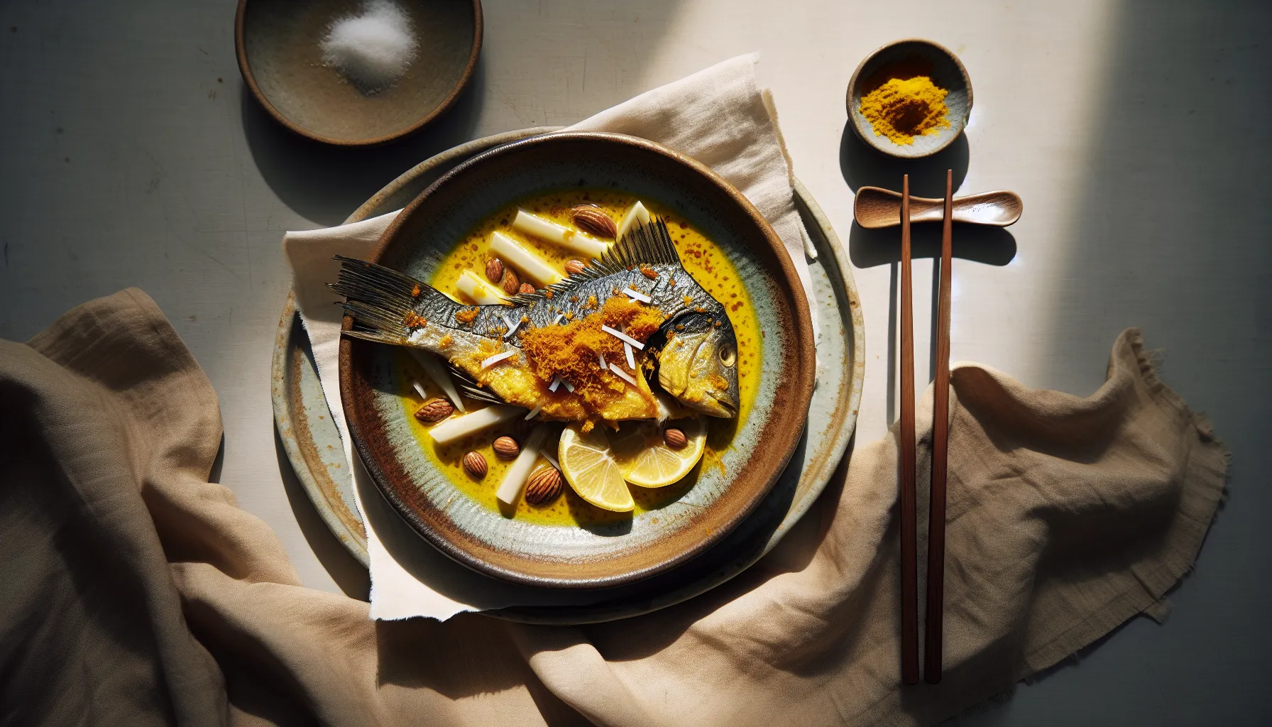 Indonesian-Style Steamed Fish with Turmeric and Coconut plated
