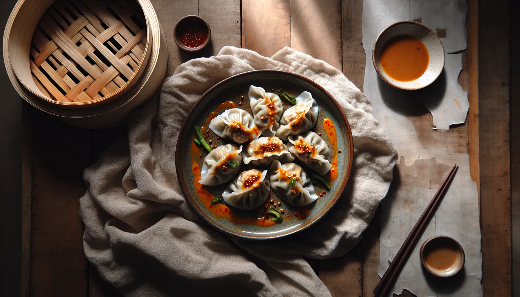 Indonesian Chicken Steamed Dumplings with Spicy Peanut Sauce plated