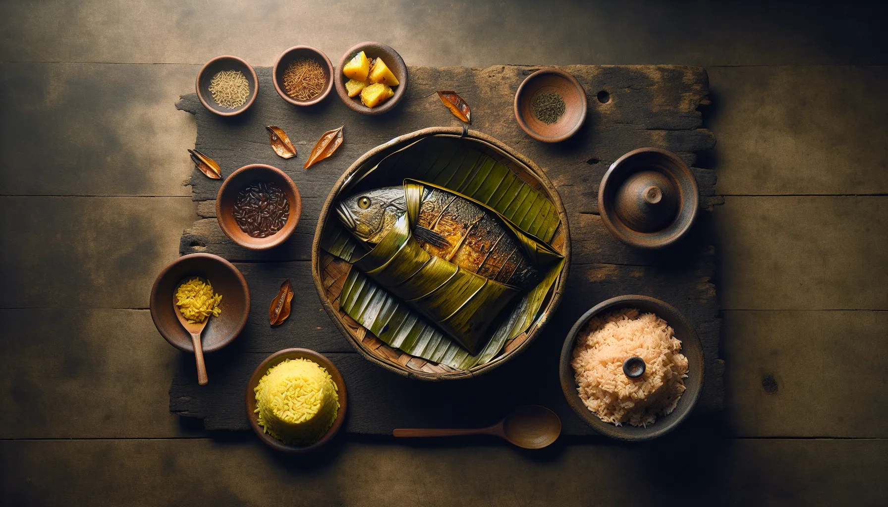 Indonesian Steamed Pepes Ikan with Turmeric Rice Bowl plated