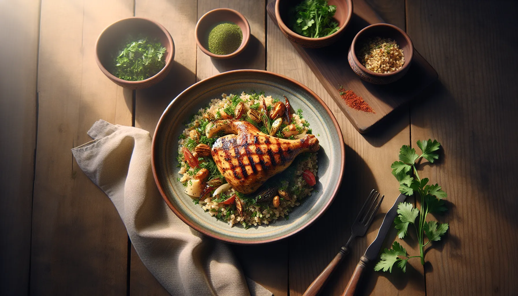 Lebanese Grilled Chicken with Freekeh Grain Bowl plated