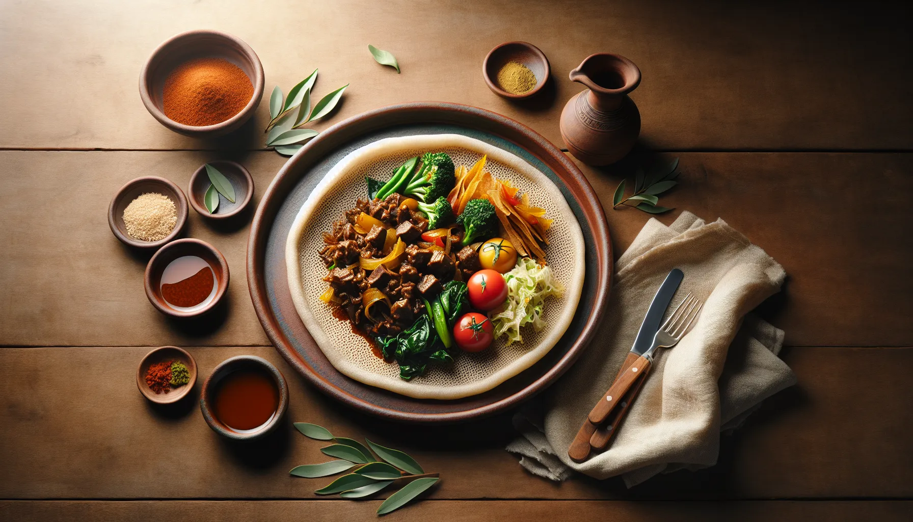 Ethiopian Spiced Beef Stir-Fry with Injera and Seasonal Greens plated