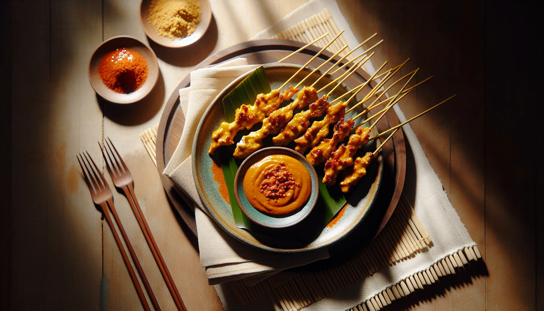 Indonesian Chicken Satay with Spicy Peanut Sauce plated