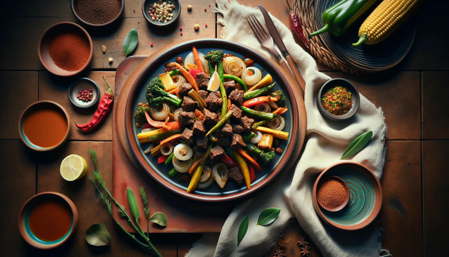 Ethiopian-Inspired Stir-Fried Beef Tibs with Seasonal Vegetables plated