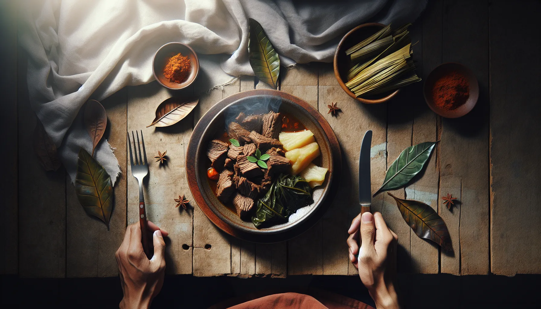 Slow-Braised Indonesian Beef Rendang with Steamed Cassava Leaves plated