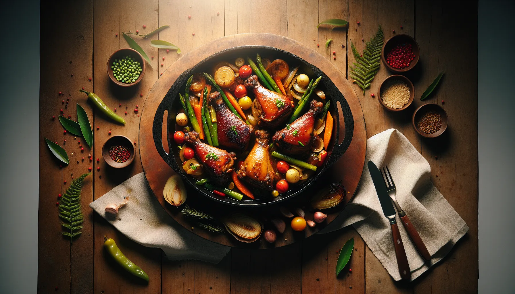 Adobo-Inspired Braised Chicken Thighs with Seasonal Vegetables plated