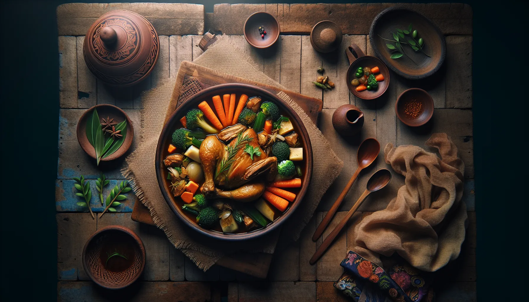 Slow-Braised Indonesian Ayam Betutu with Seasonal Vegetables plated