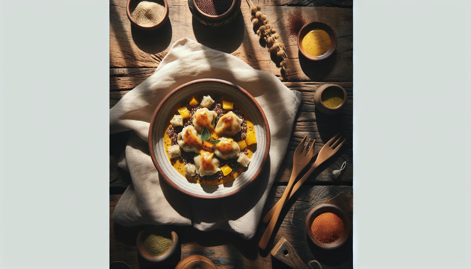 Peruvian Chicken and Quinoa Dumplings with Aji Amarillo Sauce plated