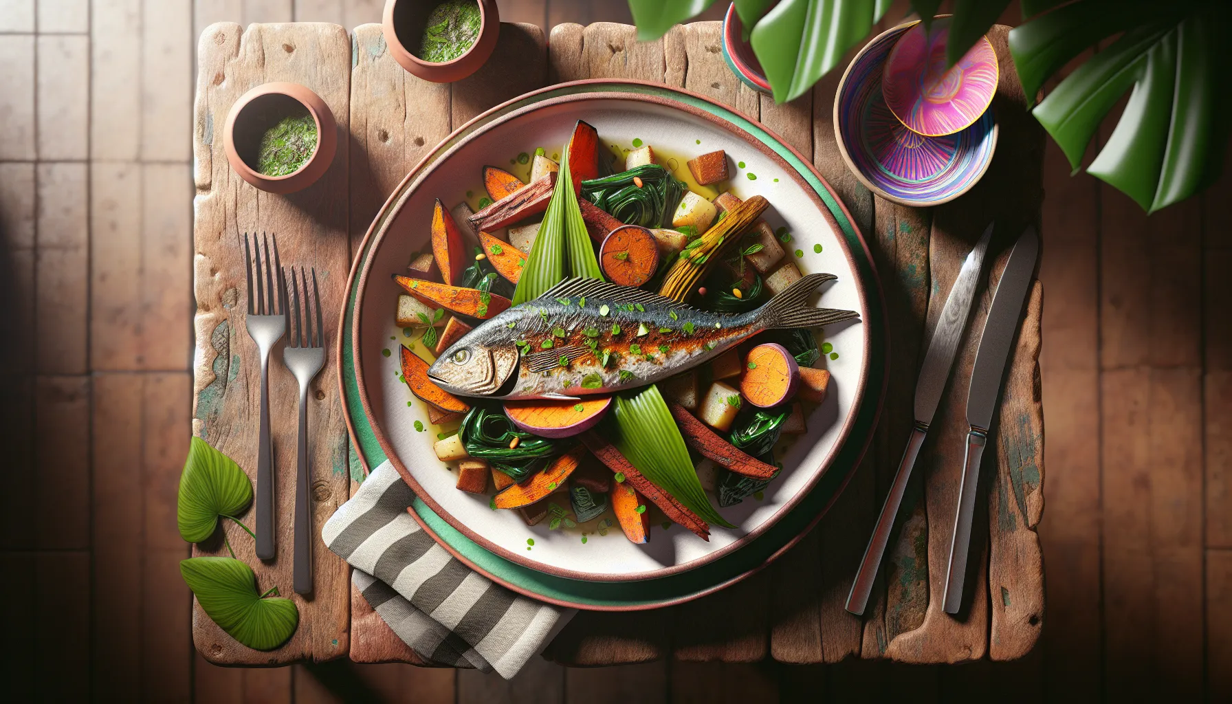 Caribbean Poached Fish with Callaloo and Sweet Potato Stir-Fry plated