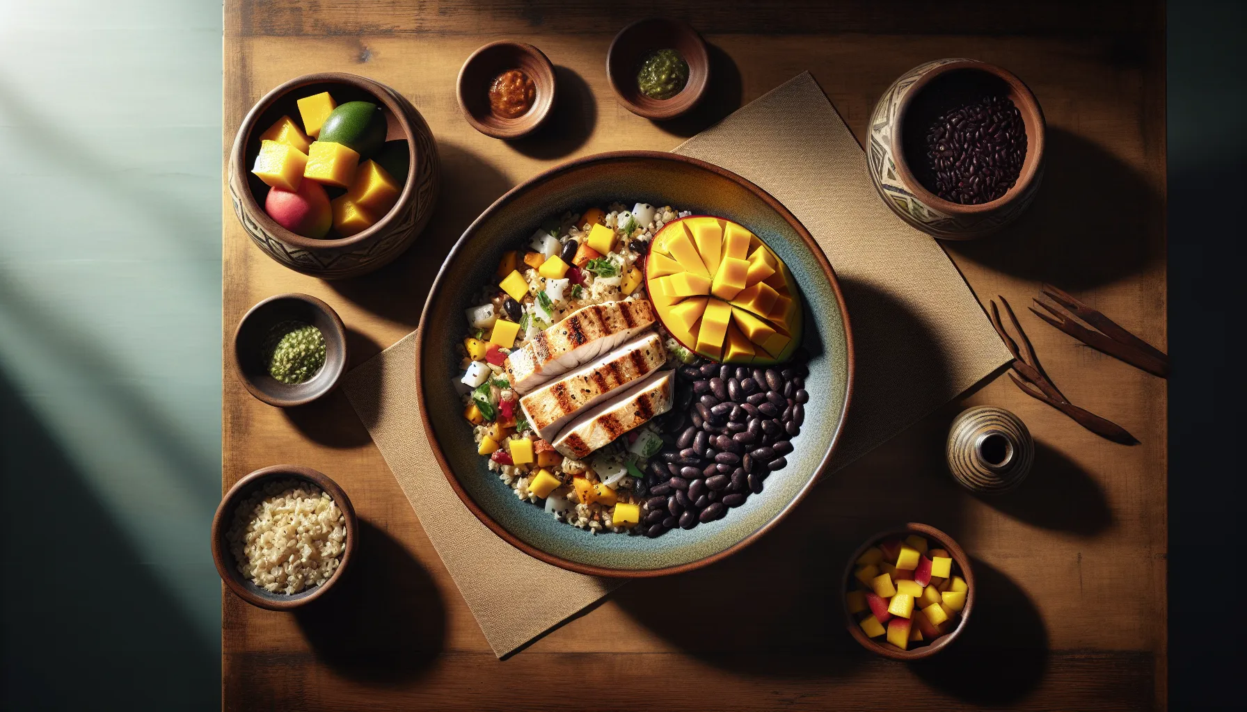 Caribbean Poached Mahi-Mahi Grain Bowl with Mango and Black Beans plated
