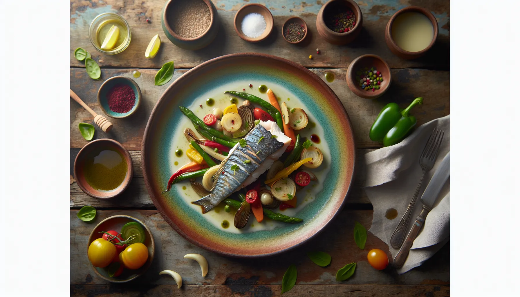 Caribbean Poached Fish with Seasonal Vegetables plated