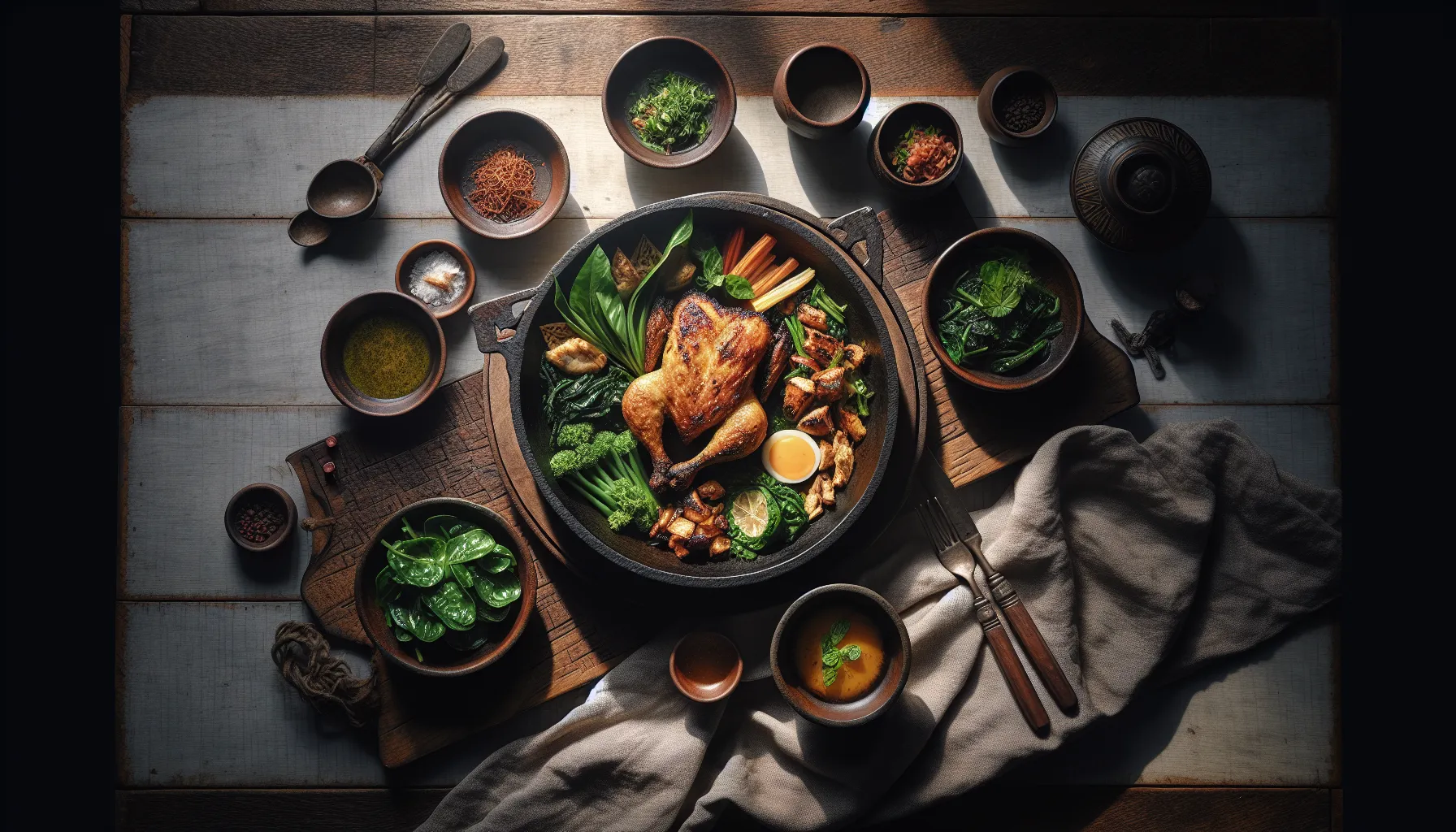 Indonesian Chicken Bakar Skillet Supper with Seasonal Greens plated