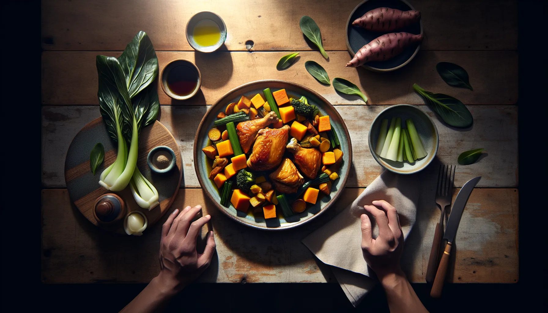 Pressure-Cooked Filipino Chicken Adobo with Sweet Potato and Bok Choy plated