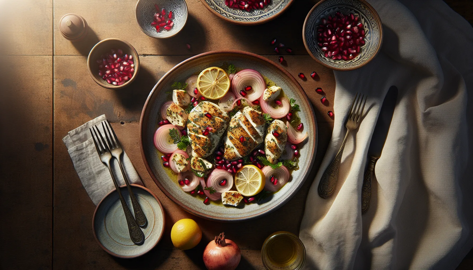 Poached Lemon Herb Chicken with Sumac Onions and Pomegranate plated