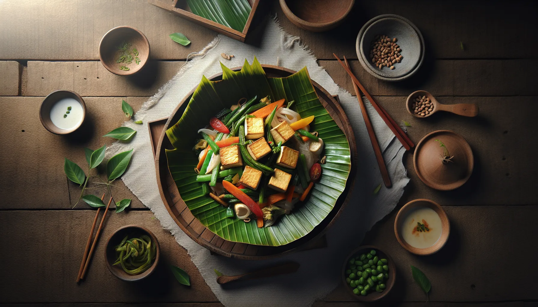 Indonesian Pepes Tofu with Seasonal Vegetables plated