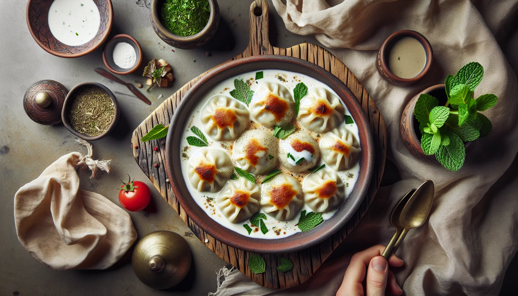 Lebanese Chicken Kibbeh Dumplings with Yogurt Sauce plated