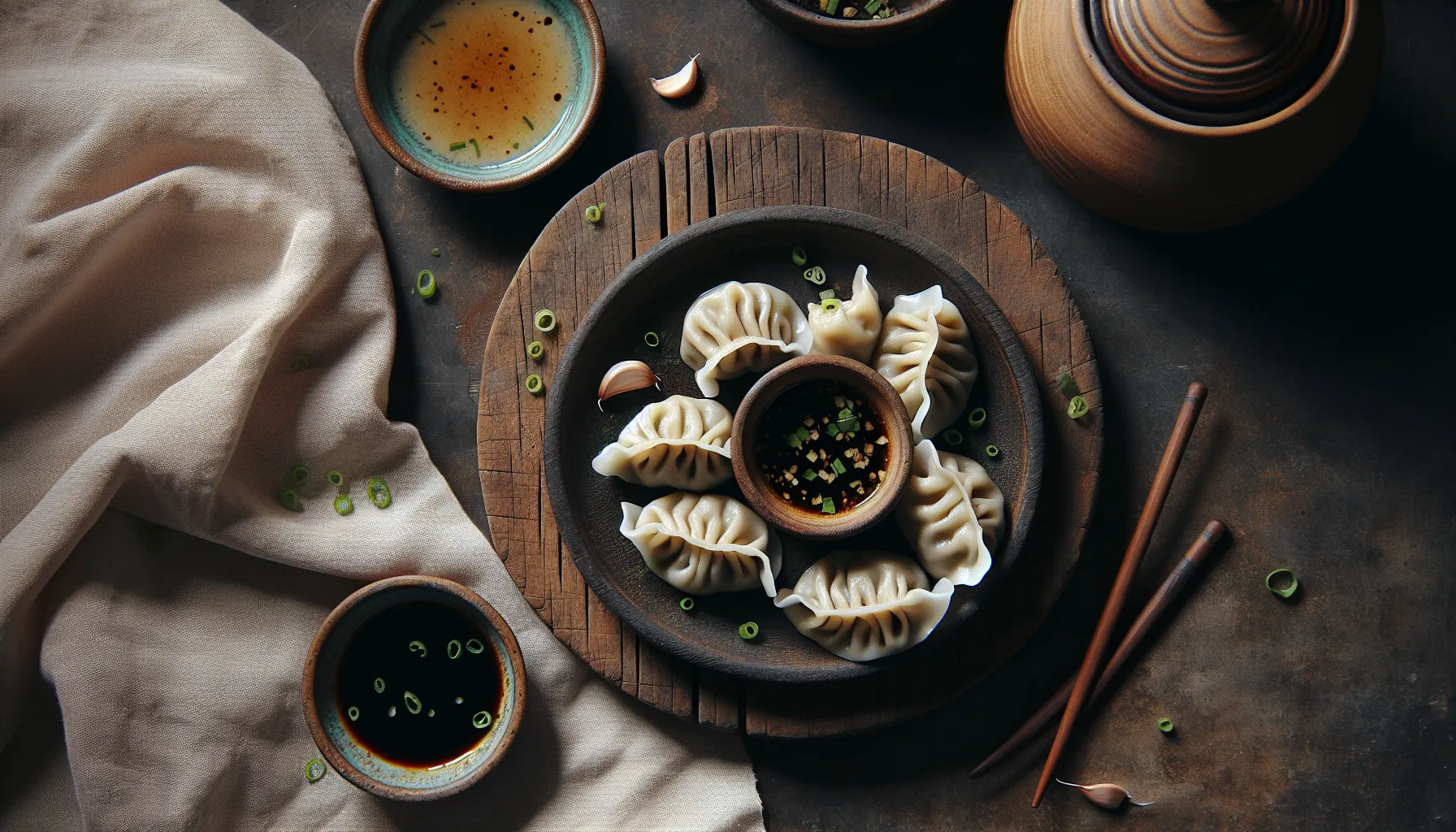 Pork Sisig Dumplings with Garlic Soy Dipping Sauce plated