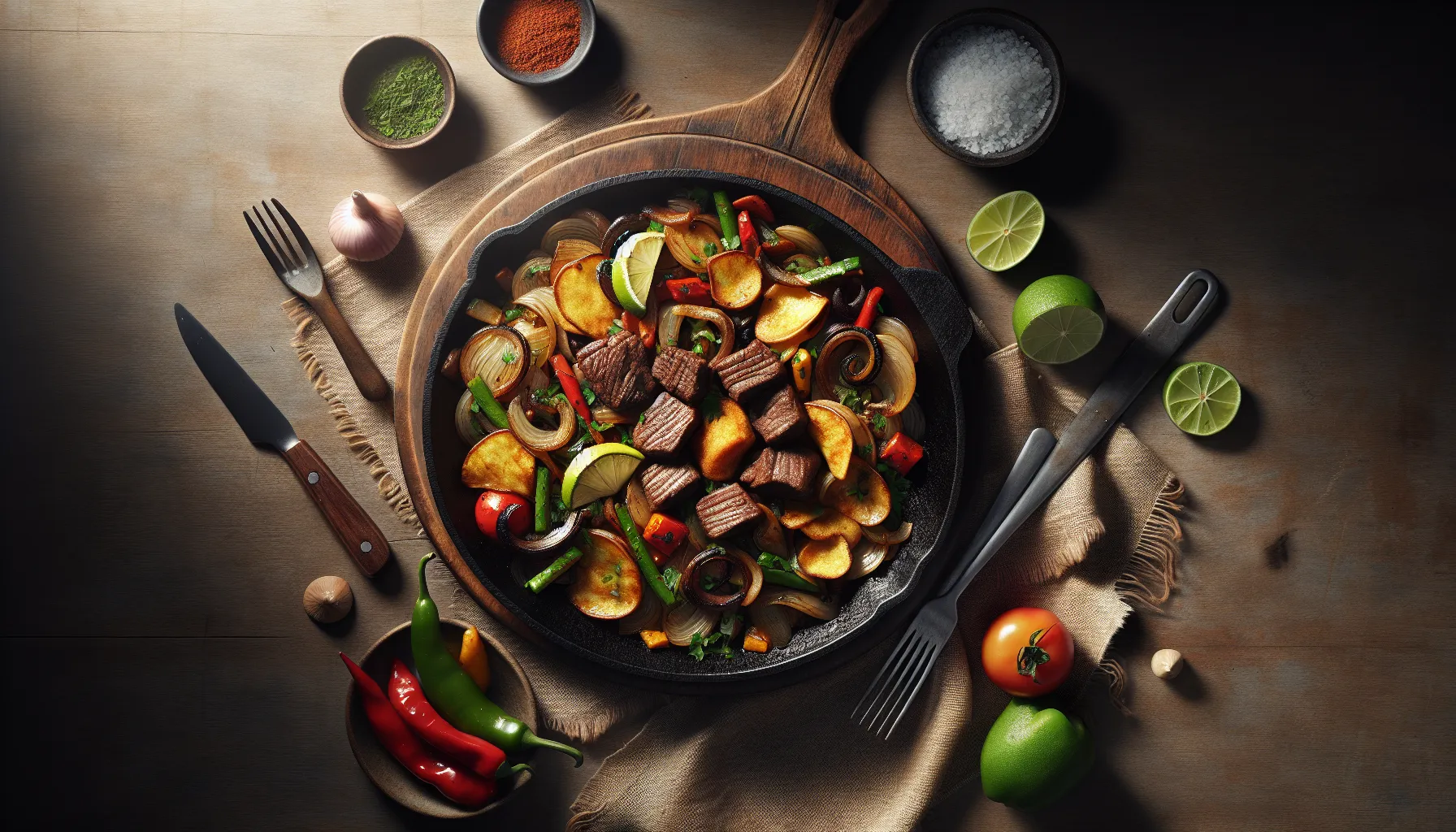 Peruvian-Style Lomo Saltado Skillet plated