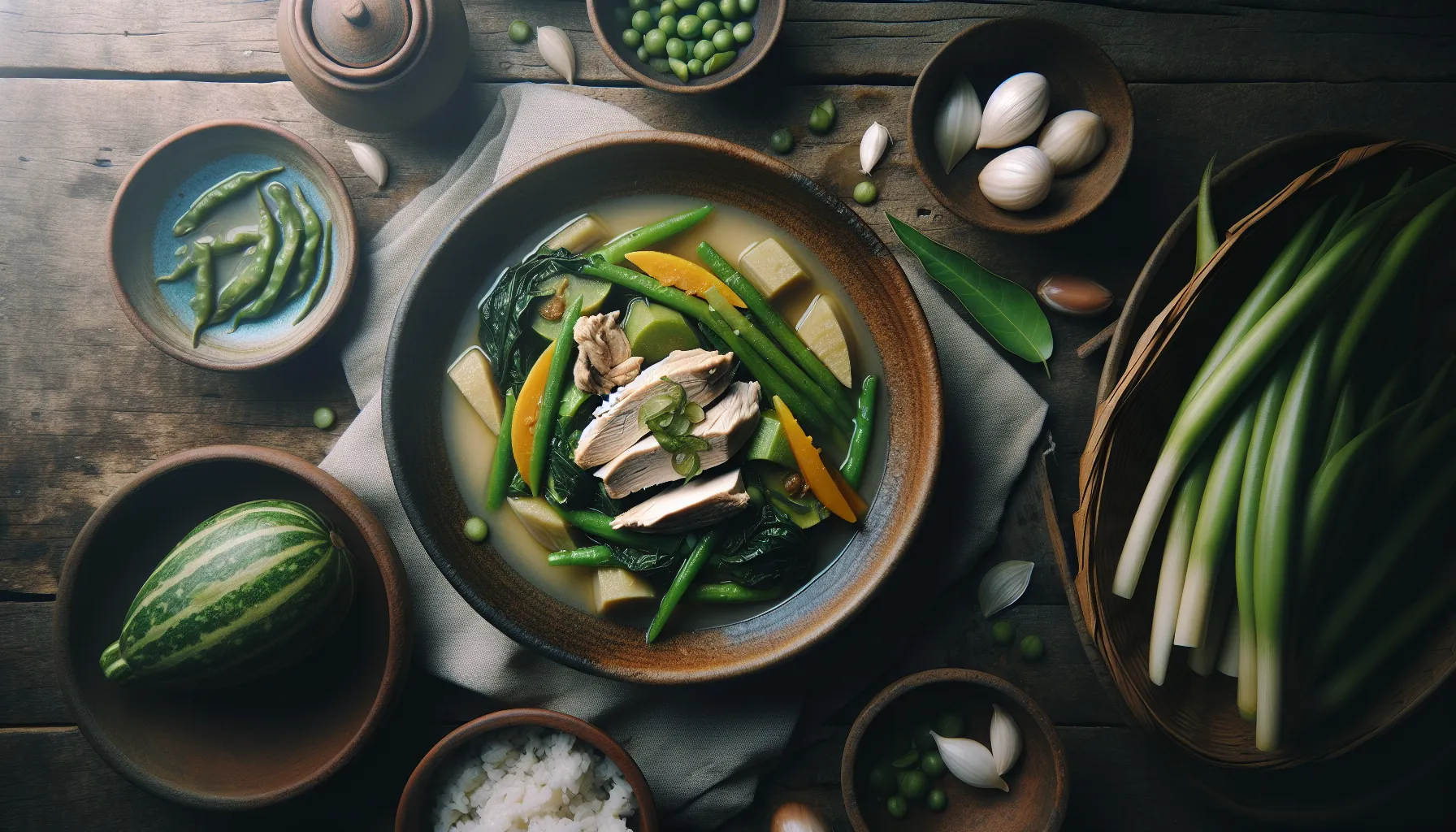 Poached Chicken Tinola with Green Papaya and Malunggay plated