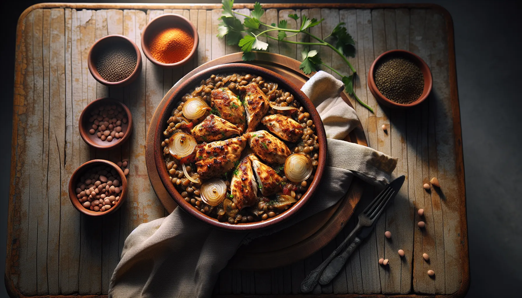 Lebanese Chicken Mujaddara with Lentils and Caramelized Onions plated