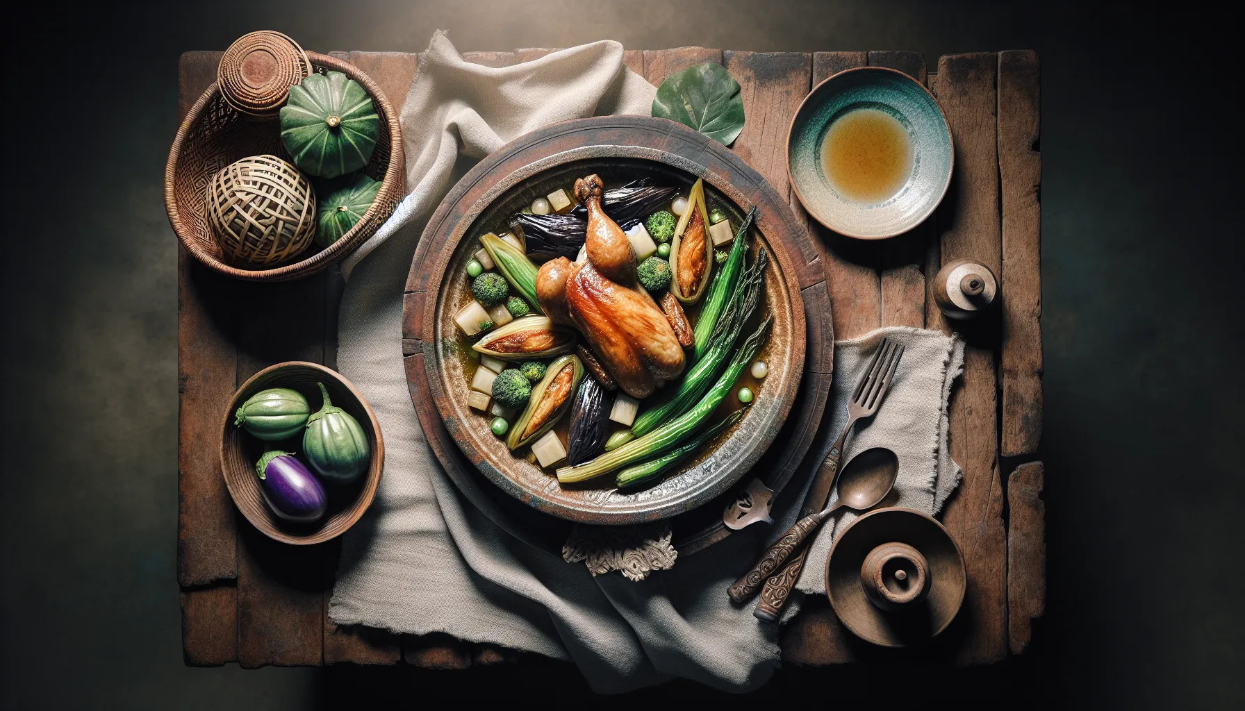 Adobong Manok with Seasonal Green Papaya and Eggplant plated