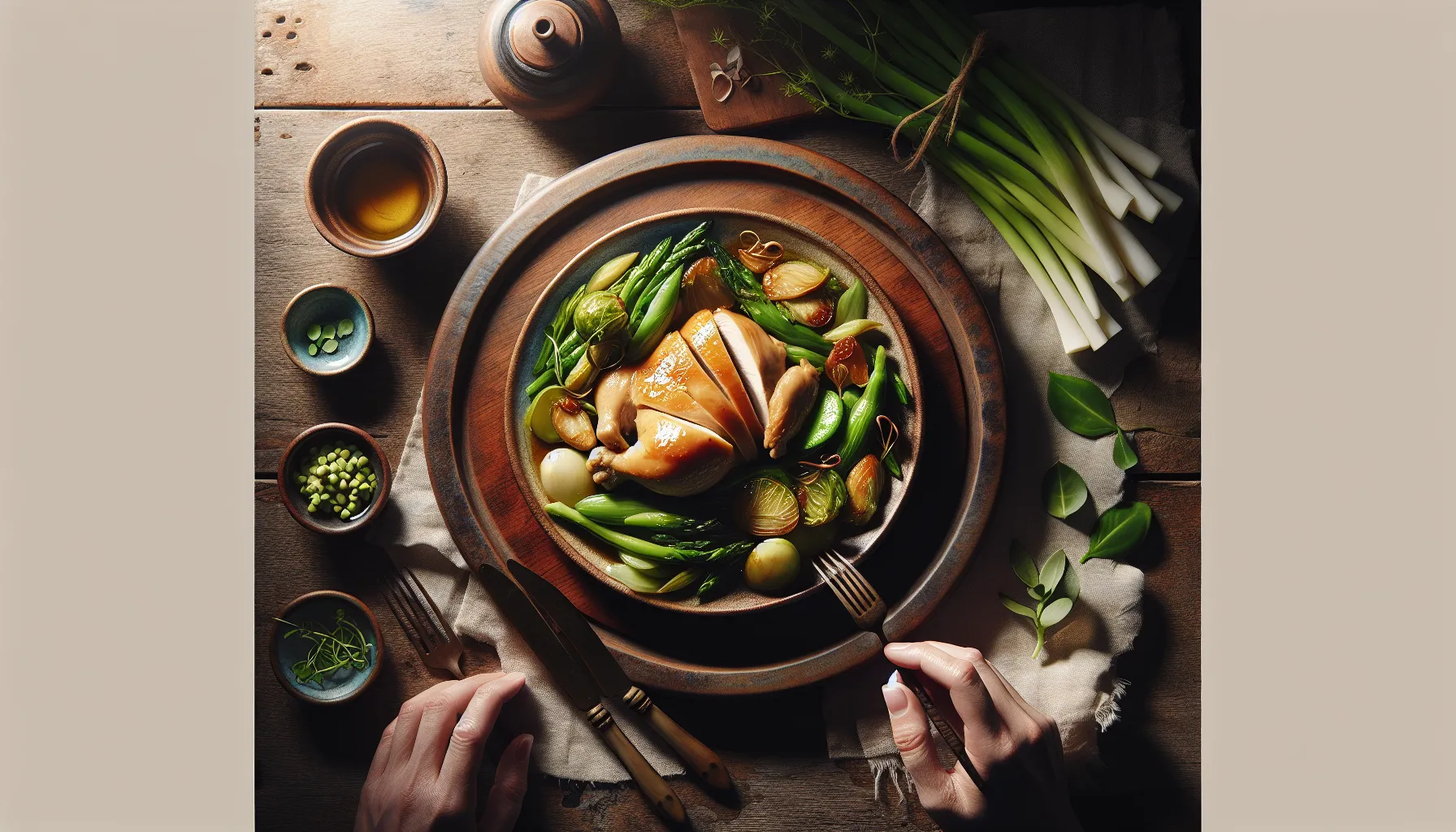 Poached Chicken Adobo with Seasonal Greens plated