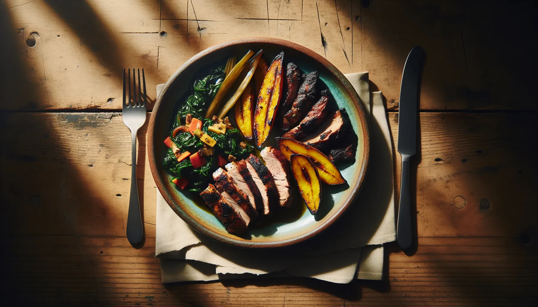 Caribbean Jerk Grilled Pork with Sweet Plantain and Callaloo Sauté plated