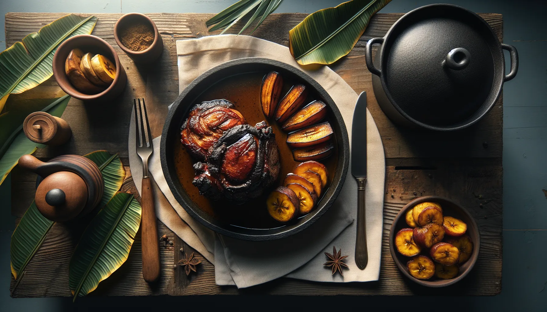 Slow-Braised Caribbean Jerk Pork Shoulder with Sweet Plantains plated