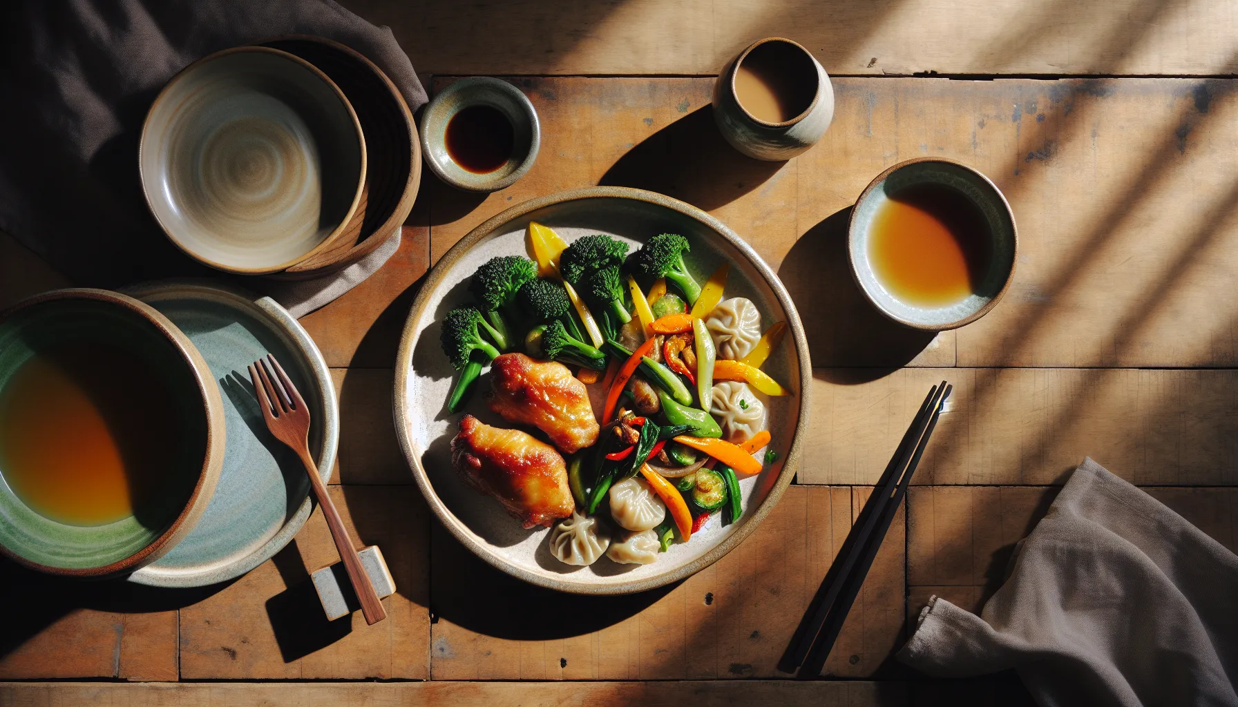 Filipino Chicken Siomai with Seasonal Vegetable Stir-Fry plated