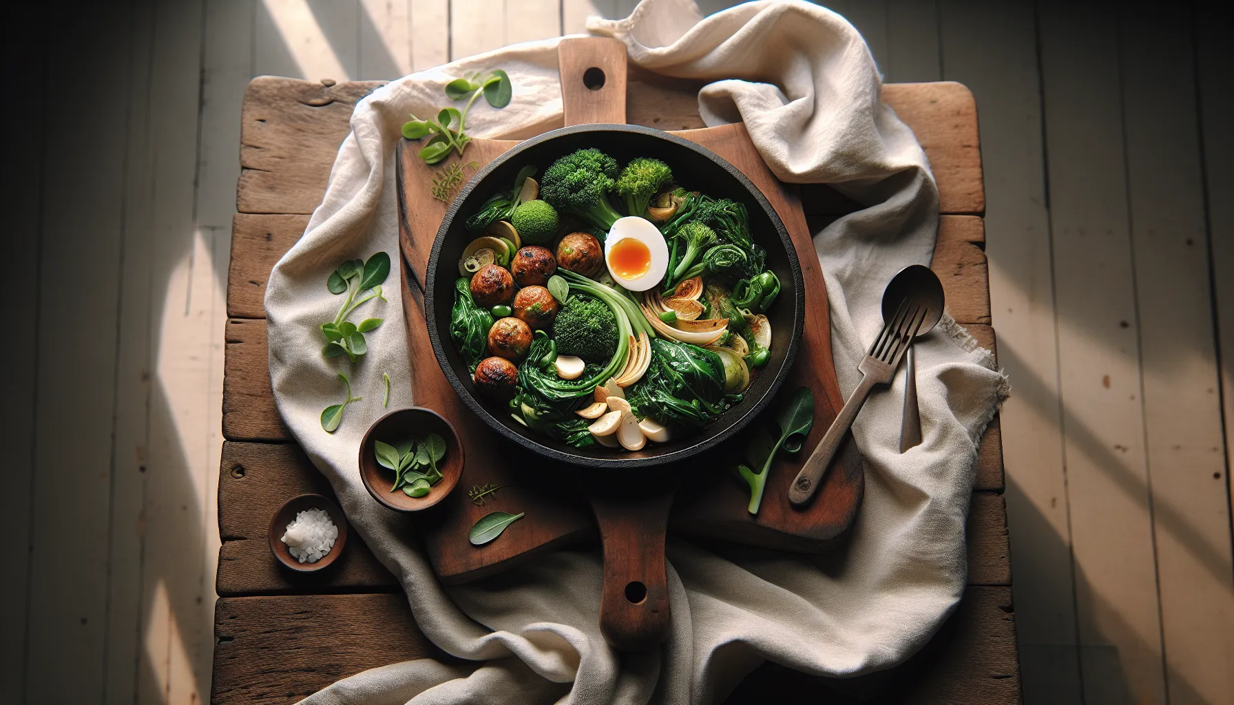 Indonesian Bakso Skillet Supper with Seasonal Greens plated
