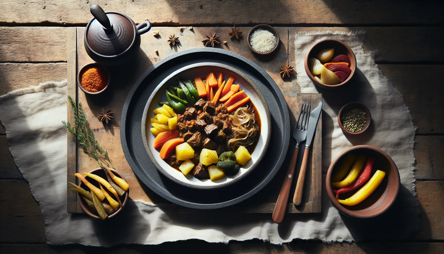 Ethiopian-Inspired Seasonal Beef Stew with Steamed Root Vegetables plated