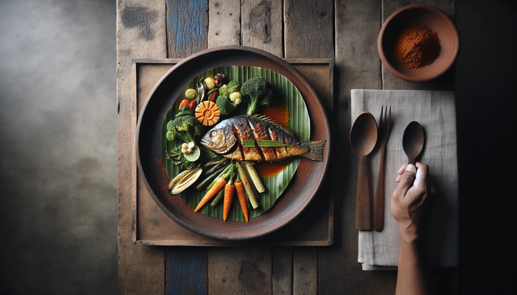 Indonesian Steamed Fish with Tamarind and Seasonal Vegetables plated