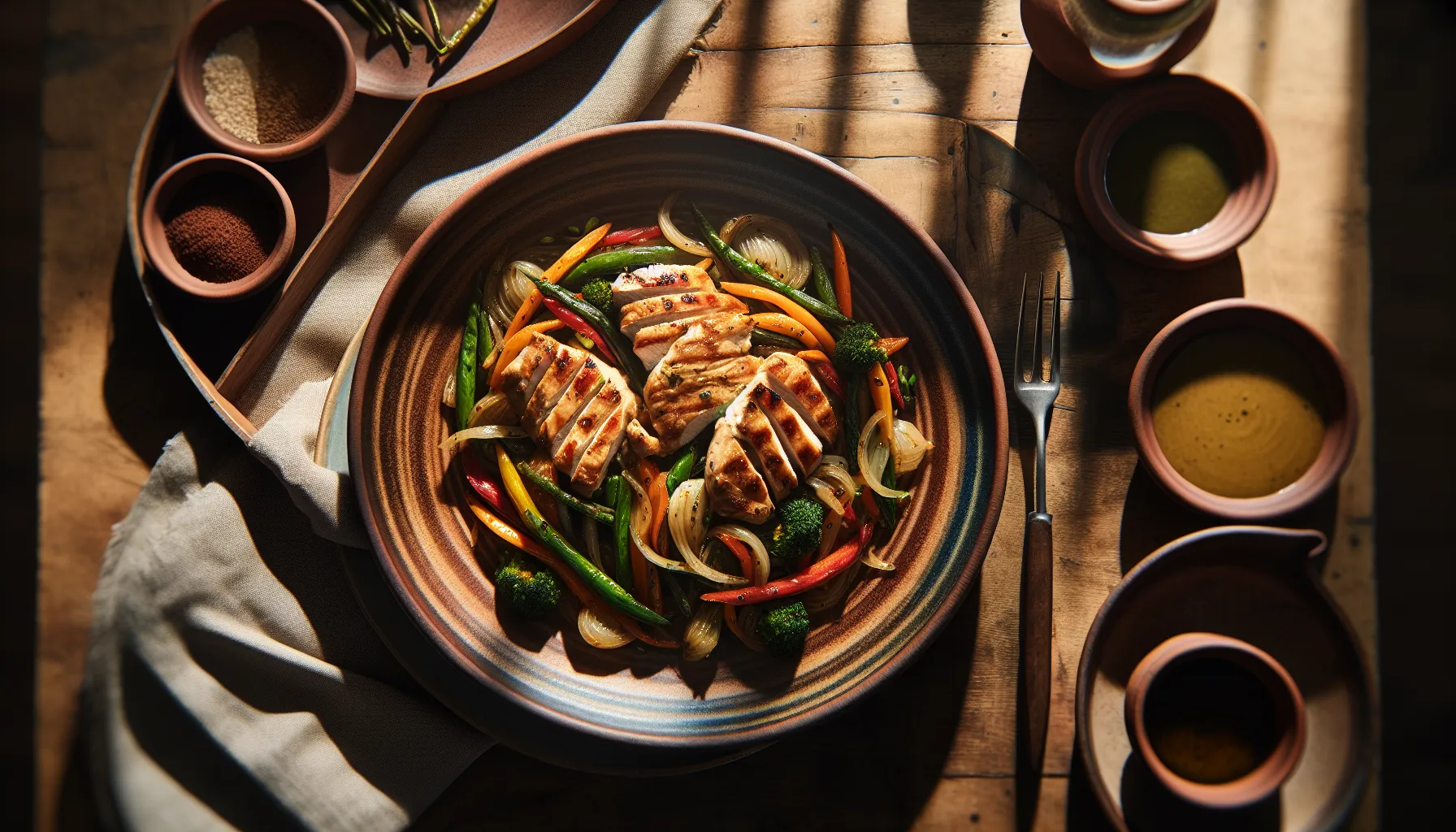 Seared Peruvian Chicken with Stir-Fried Seasonal Vegetables plated