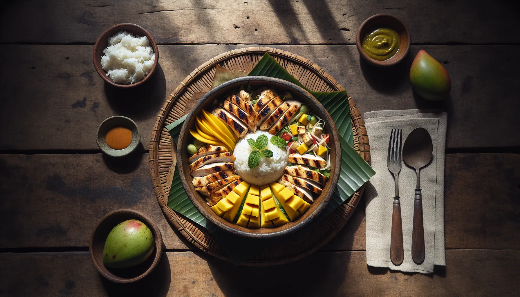 Indonesian Grilled Chicken Salad Bowl with Tropical Mango and Coconut Rice plated