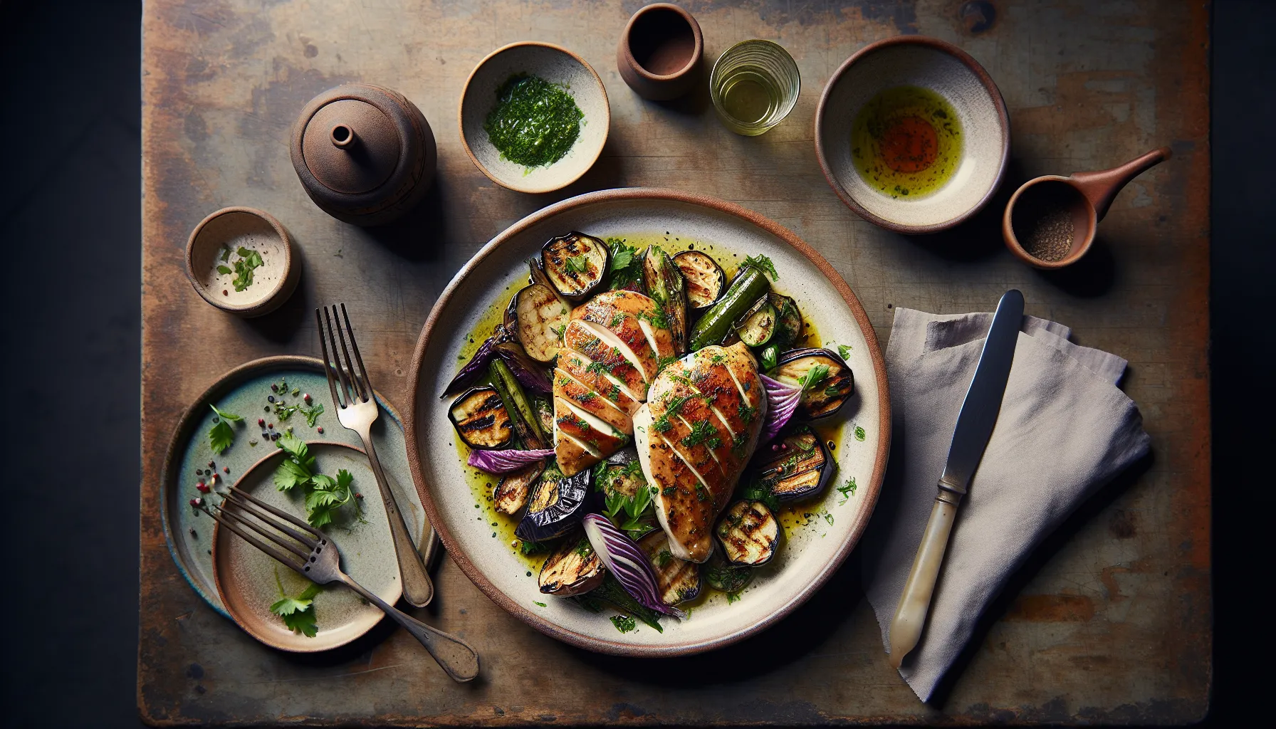 Lebanese Poached Chicken with Charred Eggplant and Herb Salad plated