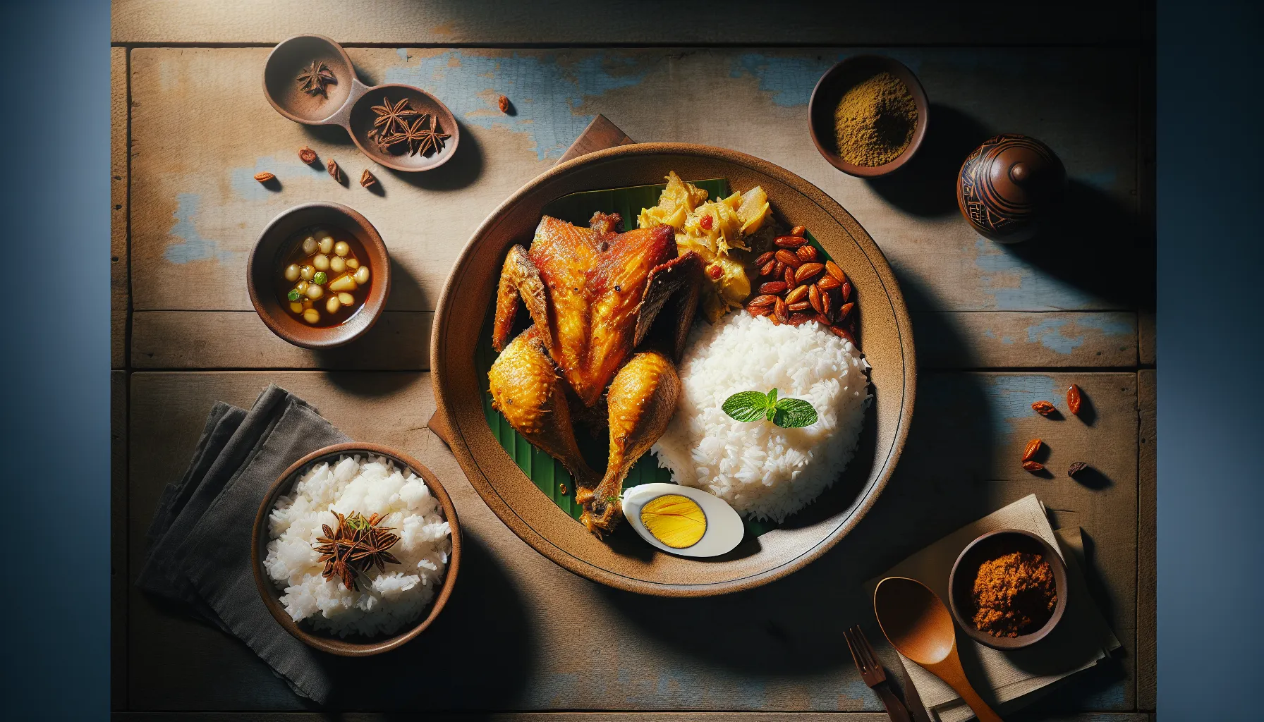 Indonesian Ayam Bumbu Kuning with Coconut Rice plated